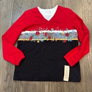 NWT VTG Koret Cambria 900 Multi Floral Embroidered V Neck Long Sleeve Top Size M
